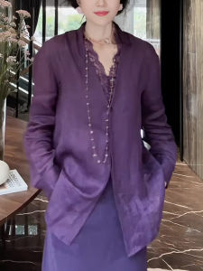 UYFY | Elegant Lace Splice V-neck Purple Shirt Lazy Style Premium Quality Autumn New Arrival Long Sleeve Commute Fashion Top