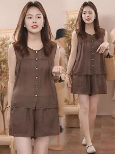 ชุดเสื้อเชิ้ตแขนกุดผ้าลินินฤดูร้อน ชุดกางเกงขาสั้น ชุดแฟชั่น ลดอายุ กระชับสัดส่วน ปกปิดเนื้อ ชุดสองชิ้น ชุดทำงาน