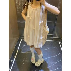 Váy Mini Không Tay Màu Hồng Thắt Nút Bướm Mùa Hè Mới Nhẹ Nhàng Thanh Lịch Váy Vest Hoa Cạp Cao Polyester