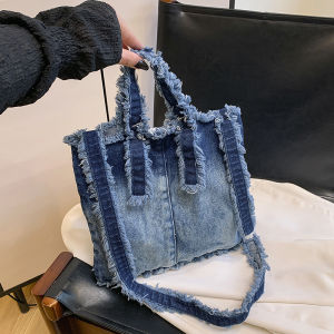 กระเป๋าถือผ้าเดนิมสไตล์เกาหลีสำหรับผู้หญิง ความจุขนาดใหญ่ กระเป๋าสะพายข้างแบบสะพายไหล่ข้างเดียว กระเป๋าถือทรงสี่เหลี่ยมแนวตั้ง