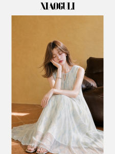 Đầm Hè Biển Chiffon In Họa Tiết Pháp Không T Tay