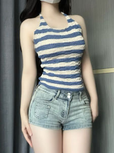 YUEZHONGWEI | Blue Striped Ice Silk Knitted Halter Vest Women Summer Outdoor Wear Slimming Short Sleeveless Top Fashionable Commute Style
