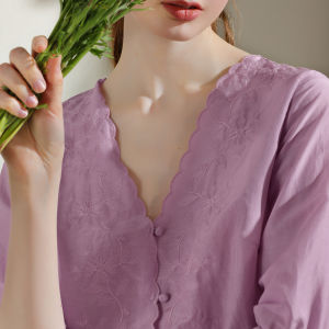 Miccbeirn | Miccbeirn Summer Silk Cotton Embroidered French V-neck Mid-sleeve Elegant Sweet Small Size Womens Top Simple Commute Style