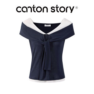 Cantonstory | Layered Design Blue Off-Shoulder Waist-Accentuating T-Shirt