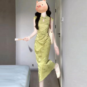CHANGTONG | Elegant Slimming Chinese Style Cheongsam Dress Young Girl High Waist Design Traditional Print Hollow Out Detail Spring Summer Long Skirt