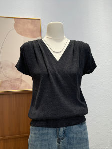 French Elegant Short Sleeve Knitted Shirt Women Summer Thin Cross V-neck Versatile Body Tee Unique Irregular Top Korean Style
