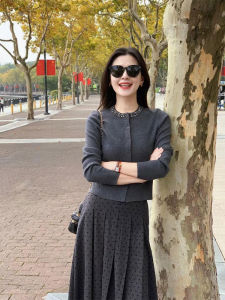 YUFUQING | French Style Grey Bead Knitted Open Cardigan Coat Women Spring Versatile Casual Polka Dot Half Skirt Two Piece Set