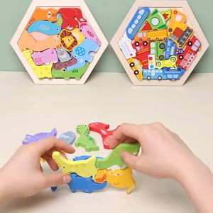 GUK Puzzle 3D Hexagon hewan Wooden Montessori Wooden Chunky Hexagon Puzzle Mencocokkan Bentuk Karakter COD