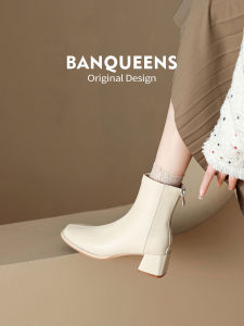 Leather Version! Half Curved Slim Boot Womens Martin Boots Autumn Winter Short Boots Womens Fleece High Heel Thick Heel Short Boots