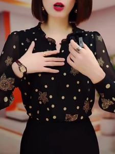 French V Womens Black Collar Top 2025 Spring New High-Grade Western Style Youthful-Looking Thin Long Sleeve Floral Blouse