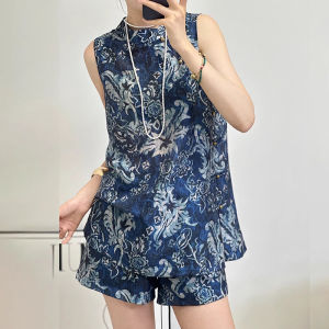 Shalldoer | Bộ đồ hai mảnh thời trang mùa hè cho nữ màu lạnh sang trọng phong cách Trung Hoa cổ tròn vải polyester quần short áo sơ mi