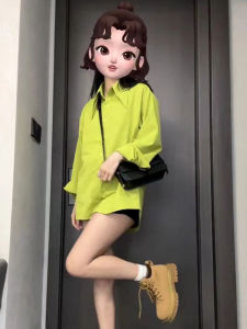 เสื้อเชิ้ตแขนยาวสีเขียวสไตล์ฝรั่งเศสย้อนยุคสำหรับผู้หญิง เสื้อเชิ้ตทรงหลวมๆ สไตล์เกาหลี ผ้าฝ้าย ทรงหลวมๆ สำหรับใส่ไปทำงาน