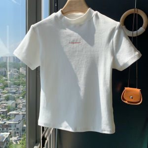 White Slim Fit Short Sleeve T-Shirt Womens Summer New Style Printed Korean Version Cotton Blend Elastic Fiber Body Shaping Top