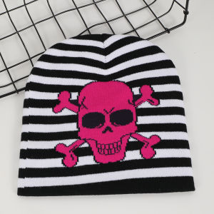 Autumn and Winter Outdoor Jacquard Striped Patchwork Skull Warm Hat Hip-Hop Elastic Knitted Pullover Hat Cool and Stylish Hat