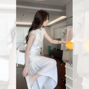 ชุดเดรสผู้หญิงสไตล์จีนใหม่สีขาว ทรงเอเข้ารูป ดีไซน์เรียบง่าย สไตล์เกาหลี กระโปรงยาวปานกลาง แขนกุด ฤดูร้อน