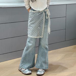 Girls Flared Jeans Spring Autumn New Style Netting Denim Pants Childrens Spring Fashion Tight Fit Elastic Waistband Long Trousers