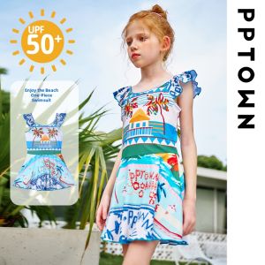 PPTOWN | Sleeved Sun-Protective Dress Style Girls Swimsuit