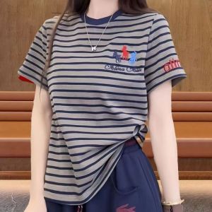Summer 2025 Womens Casual round Neck Short Sleeve T-shirt Embroidered Stripes Slimming Effect Versatile Comfortable Korean Style