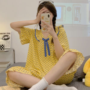 Summer Cotton Thick Pajamas Womens Short-Sleeved Cropped Pants Thin Rayon K-style Loose Ruffled Homewear Suit