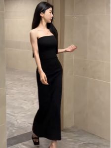 Hepburn Black Dress French Style Temperament Ladies off-Shoulder Bandeau Slim-Fit Sheath Dress Fancy Black Dress