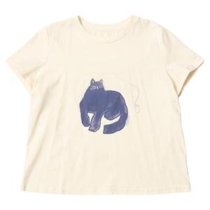 WUSEWUWEI | Ivory Cat Print Round Neck Short Sleeve Pure Cotton Knitted T-Shirt Summer Commute Style Casual Loose Fit Fairy Tale Pattern