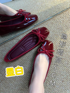 Genuine Leather Wine Red Bow Knot Single Shoes Womens Spring New Square Head Commuter Ballet Flats Soft Bottom Slip-On Shoes