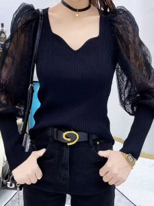 Unique Long Sleeve T-Shirt Womens French Lace Design Knitwear Bubble Sleeve Versatile Top Fashionable Casual Style Pure Color