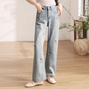 Summer Denim High Waist Straight-leg Loose Slim Looking Loose Pants Denim Chinese Style Embroidery Stylish Loose Pants Women