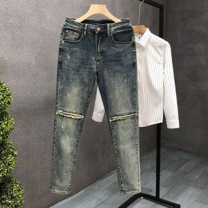 สไตล์เรโทร ผู้ชาย เดนิม ยีนส์เย็บปะติดปะต่อ สลิมฟิต รู ดีไซน์ ทันสมัย ฤดูใบไม้ผลิ ฤดูร้อน เยาวชนมาใหม่ ลำลอง ยาว กางเกงขายาว