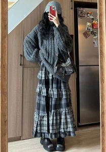 2025 New Tiered Ruffled Plaid Skirt Womens High Waist Long Maxi Skirt Vintage Cottagecore Aesthetic Daily Skirt