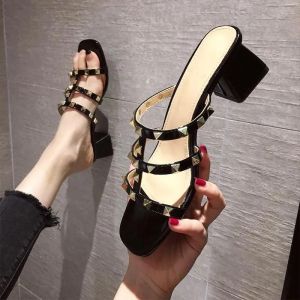 Nova quality⭐One person one pleat ⭐High heel slippers middle heel new summer French outside wear everything red net rivet thick heel sandals