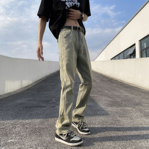 กางเกงยีนส์ทรงหลวมขาตรงสำหรับผู้ชาย สไตล์ย้อนยุค สีเหลืองดิน กางเกงขายาวทรงหลวม กางเกงยีนส์ทรงหลวมสำหรับผู้ชาย