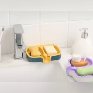 HOME + HOUND Double compartment soap dish with slotted design for easy cleaning and drainage. Fits in bathroom or kitchen sink area.