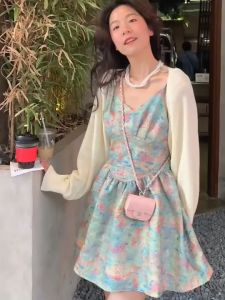 🌟CORE🌟dresses women new style 2025 Retro Gentle Style Short Dress Sweet Floral Suspender Dress Women Waist Retraction Fluffy Dress