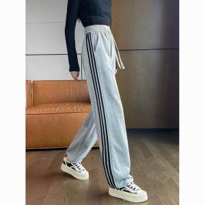 NCE American style three bar sports pants for women in spring and autumn straight leg casual high waisted sweatpants versatile two in one wide leg long pants