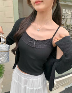 เซ็กซี่ สีขาว ลูกไม้ ปมผีเสื้อ สายคล้อง เสื้อกั๊ก ความปรารถนาอันบริสุทธิ์พร้อมแผ่นรองหน้าอก สลิมฟิต สวมใส่ด้านใน เสื้อท่อนบน สไตล์สั้น หวาน สไตล์