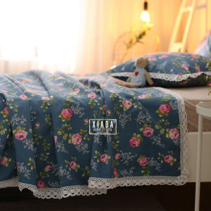 Thickened Pure Cotton Linen Bed Sheet with Lace Trim Cool Mat Summer Refreshing Floral Print Country Style Student Bedding