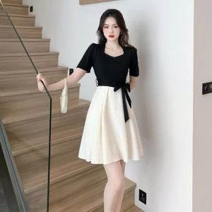 Plus Size Womens Summer New Arrival Loose-Fit Slimming Sense of Design Black and White Patchwork Tea Break French Hepburn Style Dress
