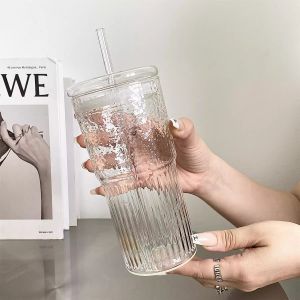 Heat-resistant Large Capacity Glass Cup With Lid and Straw Hammered Texture