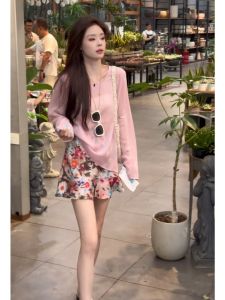 YUEZHONGWEI | Korean Style OOTD Set Pink Sun Protection Tunic and High Waist Printed Skirt