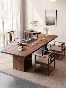 Gold Thread Black Walnut Wood Solid Tea Table Chair Set New Chinese Zen Style Home Living Room Large Board Tea Making Desk Office