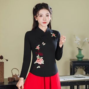 เสื้อยืดคอกลมแขนยาวผ้าฝ้ายปักลายสไตล์ชาติพันธุ์สำหรับผู้หญิง ฤดูใบไม้ผลิ 2025 เสื้อเชิ้ตคอกลมทรงหลวมสำหรับใส่ทำงาน