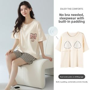 MiiOW | Pure Cotton Cat Person Sleepwear Womens Integrated Short Sleeve Shorts Home Clothes Summer New Style External Wear Youth Leisure