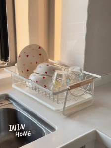 SimpleJoy Dish Rack Household Drain Rack With Wooden Handle Removable Tray Carbon Steel Kitchen Tableware Storage Desktop Storage Rack