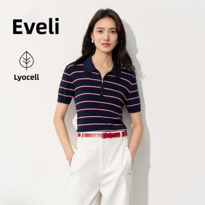 Eifini | Áo Sweater Thêu Sọc Cổ Polo Tay Ngắn Form Rộng