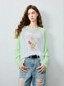 Toyouth | Áo Thun Dài Tay In Chữ Màu Đối Lập Cổ Tròn Tay Raglan Rộng
