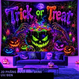 VIKAMA Halloween Tấm Thảm UV Reactive Neon Glow Cauldron Thiết Kế Hình Quả Bí Ngô Polyester Treo Tường Cho Phòng Ngủ Ký Túc Xá Phòng Khách
