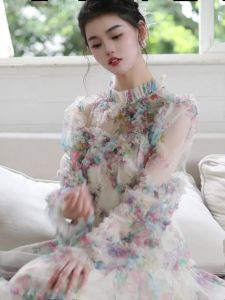 Elegant French Style Printed Long Dress Sweet Fairy Atmosphere Girl Forest System Drifting New Model Skirt High Waist A-Line Skirt