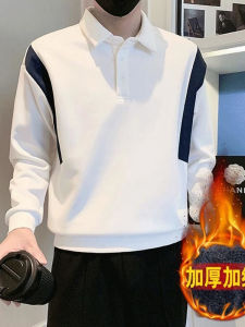 Mens Fleece Lined Long Sleeve Hoodie Collared Polo Shirt Autumn Winter Fashion Versatile Loose Fit Heat Retaining Geometric Pattern