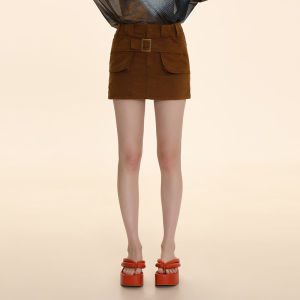 Slimming Short Skirt with Belt Half Elastic Waistband Versatile Street Style Pure Color A-Line Skirt for Young Women